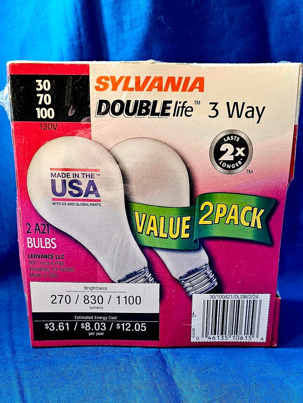 (2 Pk) Sylvania 3 Way Light Bulbs 30/70/100 Watt NEW Double Life A21 Sealed NOS